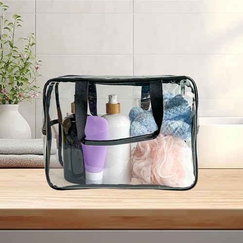 PVC Clear Pure Color Transparent Large Zipper Cosmetic Pouch Travel Makeup Cosmetic Bag with Handle for Travel Bathroom Toiletry Organizer (Clear+Black Handle) - color: Clear+Black Handle