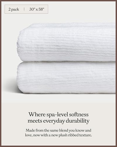 Cozy Earth Ribbed Bath Towel Set - 60% Cotton 40% Viscose from Bamboo Bathroom Towels - Soft & Absorbent Textured Ribbed Pattern - 2 Pack White - color: White, size: Bath Towel