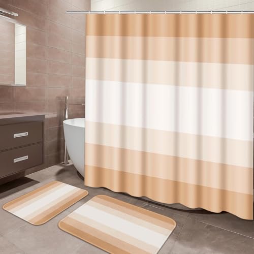 ArtSocket Beige Neutral Ombre Bathroom Set with Shower Curtain and Bath Rugs and Accessories, Striped Boho Non-Slip 3 Pcs, 72" L x 72" W Curtain, 23.6" L x 15.7" W + 19.7"x 31.5" Rugs - color: Beige Striped Ombre