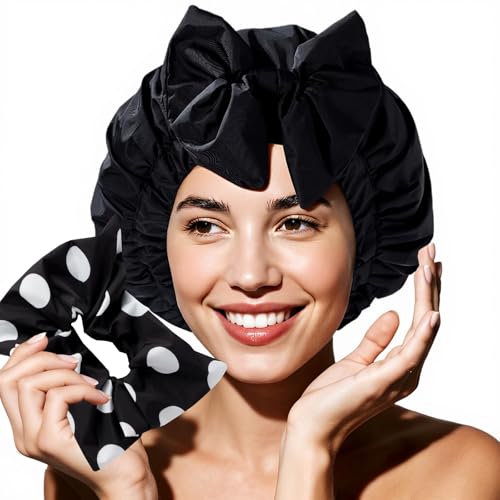 Years Calm Extra Large Shower Cap for Long Thick Hair – Waterproof Double Layer Bath Cap with Satin Lining, Secure Elastic Fit for Braids, Curls & Extensions - color: Black