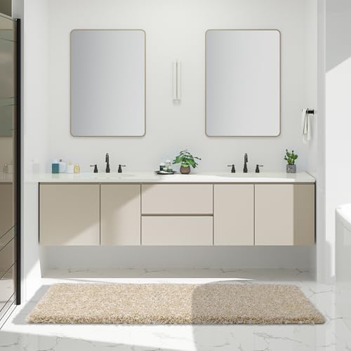 Yimobra Luxury Bathroom Rugs, Fluffy Bath Mats, Non Slip, Water Absorbent Microfiber, Machine Washable, Plush Runner Shower Rugs, Thick Matts for Bathroom Floor/Tub, 70" X 24", Light Beige and White - color: Light Beige and White, size: 70" X 24"
