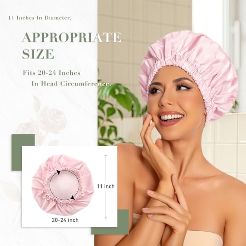 Edoneery Reusable Shower Caps for Women, Waterproof Long Hair Bonnet | Washable Design, Wide Elastic Band, Large Fit, Holds Long Hair, Braids Friendly, Bath Accessories, Spa, Travel - color: Pink