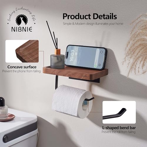 Walnut Wood Toilet Paper Holder with Phone Shelf, Adhesive or Drill Installation Bathroom Washroom Wall Mount Wooden Toilet Tissue Roll Holder with Shelf for Hold Wipes, Cell Phone (Concave) - color: Concave Surface