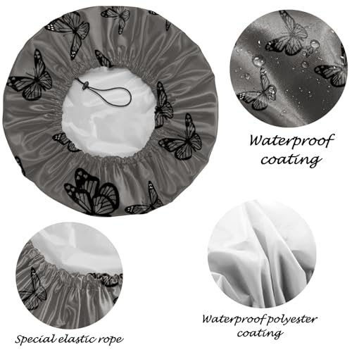2 PCS Shower Cap Reusable Waterproof Adjustable Double Layer Elastic Dry Hair Bathing Caps Aesthetic Cute for Women Girls-Butterfly Rainbow - color: H-10-Butterfly Rainbow