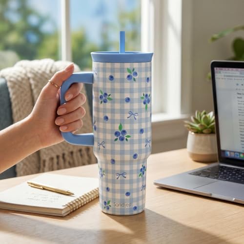SANDJEST Blueberry Stainless Steel Locking Lid Silicone Straw Tumbler with Handle 40oz, Insulated Stainless Steel Travel Cup for Women Girls Friends, Gift Idea for Birthday Christmas - color: Blueberry