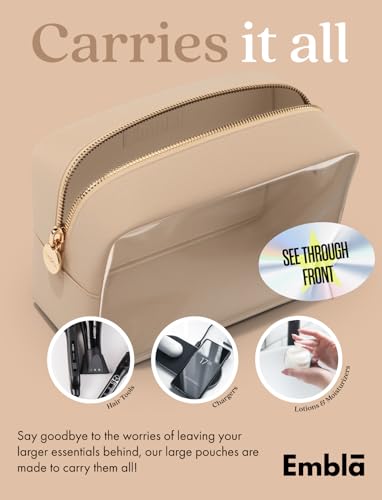 Embla Clear Cosmetic Bag Makeup Case, Clear Zipper Make Up Pouch and Toiletry Travel Tote, Cute Skincare Pouches for Women Girls, Preppy Purse Cosmetic Organizer, Large Makeup Bags, Sand | Large Tan Clear Nylon/PVC Cosmetic Bag with Zipper, Waterproof Bea