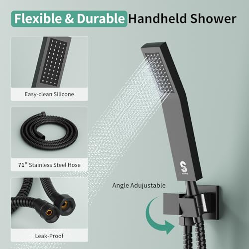 Shower Faucet Set Shower System - SR SUN RISE Matte Black Shower Trim Kit with Dual Shower Head, 10'' Ceiling Rainfall 6'' Wall Mount with Handheld Shower for Couples, Complete 6 Diverter Valve - color: Black, size: 10 Inch