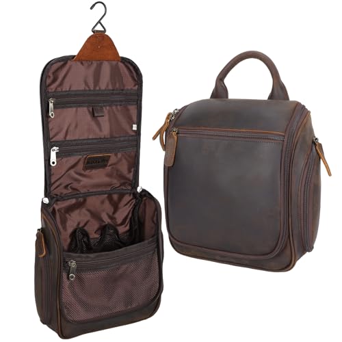 Masa Kawa Leather Hanging Travel Toiletry Bag for Men Portable Expandable Camping Cosmetics Makeup Toiletries Organizer Vintage Bathroom Shaving Kit Brown Wash Bags - color: Brown