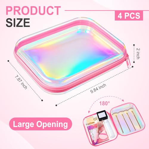 Hoolerry 4 Pcs Hard Clear Zipper Case Makeup Bags Plastic Zipper Pouch Transparent Storage Box Containers for Cosmetics, Snacks, Building Blocks, Puzzles(Clear,9.8 x 7.9 x 2 in,Pink Laser) - color: Pink Laser, size: 9.8 x 7.9 x 2 in