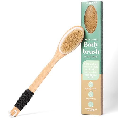 Bare Botanics 17" Extra Long Dry Body Brush - Medium Firmness Back Scrubber | Ergonomic Curved Handle with Silicone Grip and Hang Rope | Natural Bristles | For Shower Use - size: Long Back Brush
