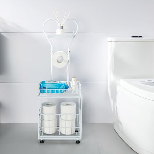 Freestanding Toilet Paper Holder, Drawer Style Storage Compartment, with Storage Shelf Reserve for Phone Tablet Magazine Bathroom Organizer (White) - color: White