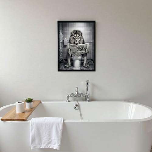 URMOYA Black and White Funny Majesty Lion Bathroom Wall Art, Animal Picture Bathroom Canvas Wall Decor, Majesty Lion on Toilet Reading Newspaper Modern Humor Painting Art Prints 12x16 Inch Wood Framed - color: Lion, size: 16"L x 12"W