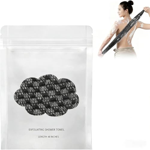 Exfoliating Shower Towel，Premium Scrub Wash Back Bath Cloth for Body Face，Body Back Scrubber for Shower, Long Scrub Towel for Women Men Full Body Exfoliator (Black)