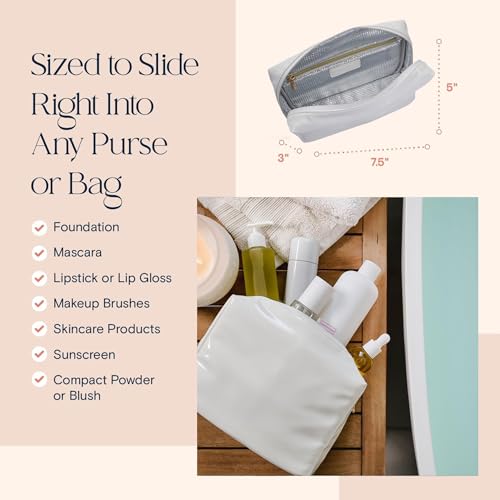 Stay Golden Insulated Makeup Bag – Heat-Resistant, Waterproof Cosmetic & Toiletry Pouch for Women | White with Silver Zipper Vegan Leather Day Pouch, Small (7.5 x 5 x 3 in) - color: White with Silver Zipper, size: Small