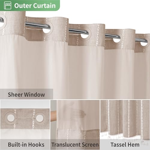 eachope Boho Farmhouse No Hook Shower Curtain Set with Snap-in Fabric Liner,Heavy-Duty Linen Textured Rustic Striped Design,Water-Repellent with Tassels and Sheer Window,Tan/Taupe,71x74 - color: Taupe, size: 71"W x 74"L (Pack of 1)