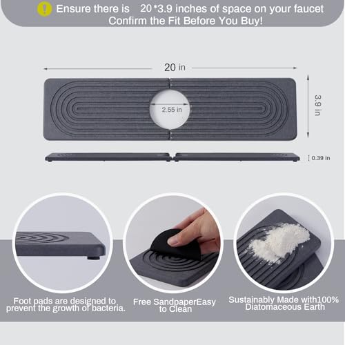 20in Fast Drying Stone Faucet Mat for Kitchen Sink splash guard Diatomite | kitchen sink faucet mat Water Absorbing Stone Tray for Sink Stone Drying Tray for Bathroom Counter(Dark Gray,20'' x 3.9'') - color: Dark Gray.20" x 3.9"