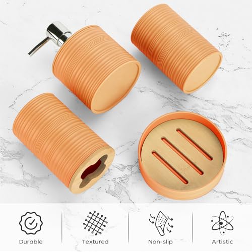 4 PCS Yellow Bathroom Accessories Set, Includes a Soap Dispenser, Toothbrush Holder, Soap Dish and Mouthwash Cup, Plastics & Bamboo Bathroom Set, Bohemian Style Bathroom Sink Set - color: Yellow, size: 4 PCS