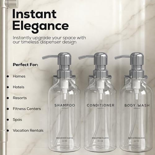 Clear Shampoo and Conditioner Dispenser Set Wall Mounted by Brighter Barns - Wall Mounted Shower Shampoo Dispenser for Shower Wall - Refillable Shower Soap Bottles 3 Chamber No Drill (Clear/Silver) - color: Modern (Clear Silver)