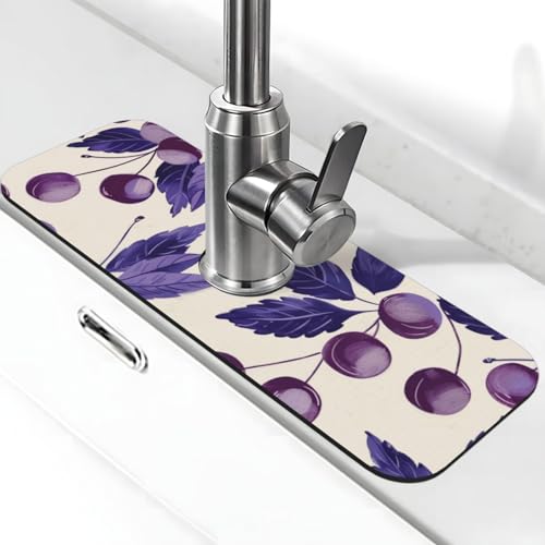 Kitchen Sink Splash Guard Faucet Mat, Purple Cherries Leaves Diatom Mud Absorbent Draining Mat For Kitchen Sink Bathroom - color: Purple Cherries Leaves, size: One Size