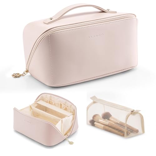 VLANDO Makeup Bag,Travel Toiletry Bag,Cosmetic Bag for Women PU Leather Portable Make up Bag for Skincare, Brushes & Travel Essentials-Apricot Pink - color: 03.Apricot Pink