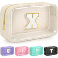 Initial Clear Makeup Bag, Birthday Gift Preppy Chenille Patch Cosmetic Bag, Initial Travel Essentials Beach Toiletry Pouch, Ideal Gift for Teachers & Moms, Women and Girls (Beige, X) - color: Beige, style: X