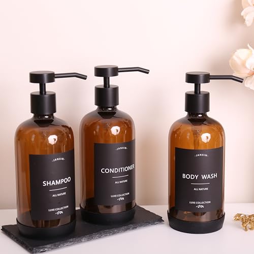 Shampoo and Conditioner Dispenser Set of 3,Refillable 21oz Shampoo Bottles with Non-Slip Protective Silicone Pad,Shower Soap Dispenser with Waterproof Labels for Bathroom (Amber) - color: Amber Bottles + Black Pumps