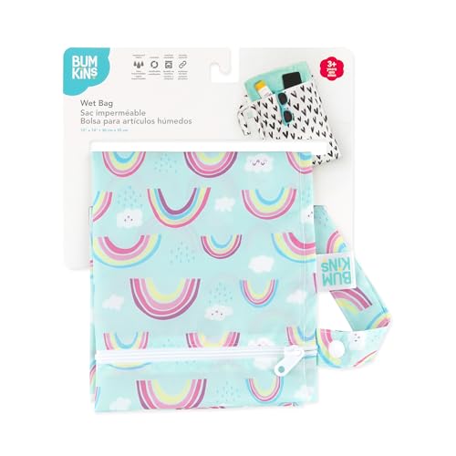 Bumkins Waterproof Wet Bag for Baby, Travel, Swim Suit, Cloth Diapers, Pump Parts, Pool, Beach, Gym Clothes, Toiletry, Hook to Stroller, Daycare, Zipper Reusable Wetdry Packing Pouch, Rainbows Blue - color: H3 Rainbows, style: Wet Bag