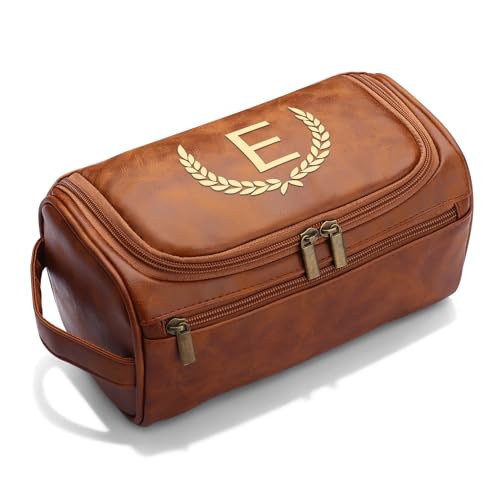 OXYEFEI Personalized Toiletry Bag for Men,Personalized Gifts for Men,Engraved Initial PU Leather Mens Toiletry Travel Shaving Travel Essentials Toiletries Bag for Him Birthday (E, Light Brown) - color: Light Brown, style: E