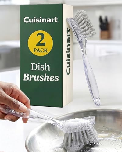 Cuisinart Dish Brush with Handle, 2 Pack, Firm Bristles | Multi-purpose dish scrubber for plates, pots, and pans, deep cleaning removes grease, safe for nonstick, built-in scraper - color: Rectangular- Light Gray