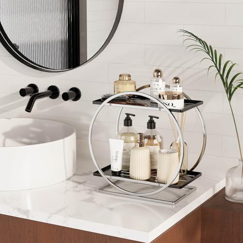 Bathroom Counter Organizer, Silver Black Perfume Organizer for Dresser, 2-Tier Bathroom Organizers and Storage, Exquisite Makeup Organizer Countertop Vanity Tray for Perfume Cosmetic Skincare - color: Silver Black
