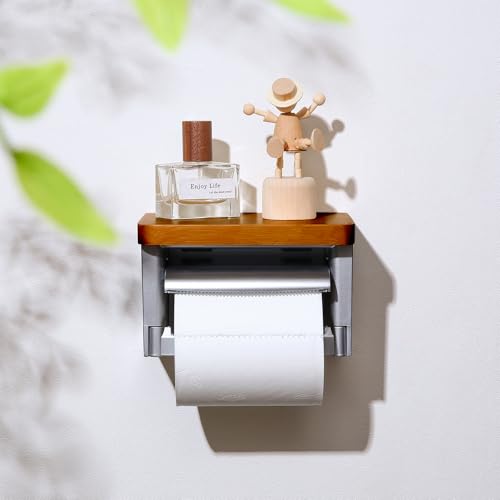 Silver Toilet Paper Holder with Wooden Board, Wood Toilet roll Holder， Covered Bamboo Toilet Paper Holder for Bathroom - color: Wood Brown&silver, size: Single