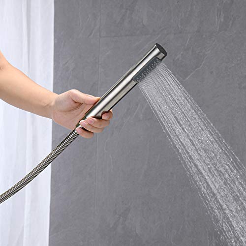 Wowkk Freestanding Bathtub Faucet Tub Filler Brushed Nickel Floor Mount Brass Single Handle Bathroom Faucets with Hand Shower - color: Brushed Nickel, style: Classic