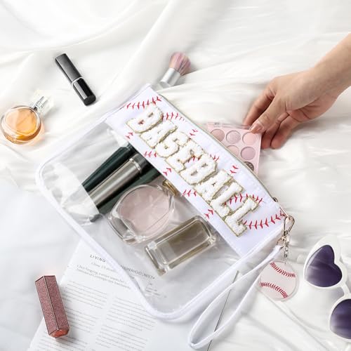Kacctyen Baseball Gift Makeup Bag with Chenille Letter Patch Clear Cosmetic Pouch Waterproof PVC Organizer Purse Baseball Stuff Gifts Toiletry Storage Bag for Girls Women Mom Her Friends White - color: White, style: Baseball