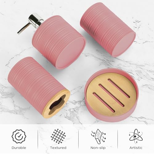 4 PCS Light Pink Bathroom Accessories Set, Includes a Soap Dispenser, Toothbrush Holder, Soap Dish and Mouthwash Cup, Plastics & Bamboo Bathroom Set, Bohemian Style Bathroom Sink Set - color: Light Pink, size: 4 PCS