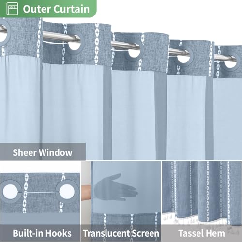 eachope No Hook Stall Shower Curtain with Snap-in Fabric Liner - 54x80 Heavy-Duty Linen Textured Striped Design,Narrow Rustic Modern Farmhouse Bohemian Bathroom Curtain,Water-Repellent,Blue - color: Blue, size: 54"W x 80"L (Pack of 1)
