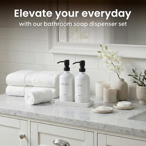 MaisoNovo Bathroom Soap Dispenser Set- Soap and Lotion Dispenser Set with White Soap Dispenser, Black Pumps & Ceramic Tray - color: White Bottles/ Black Pumps/ White Ceramic Tray