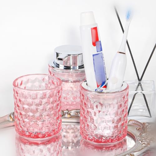 Bathroom Accessories Set, 3pcs Pink Glass Bathroom Accessory Set,Toothbrush Holder, Foaming Soap Dispenser and Tumbler, Silver Bathroom Decor Sets for Organizer, Home Apartment Gift - color: Pink and Silver