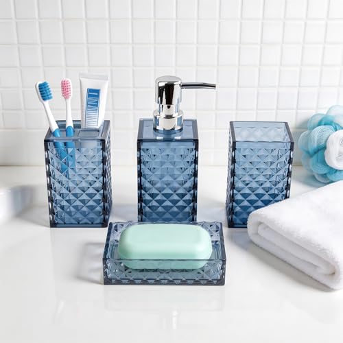Bathroom Accessory Set, 4 PCS Blue Bathroom Accessories Set, Soap Dispenser and Toothbrush Holder Set, Soap Dish and Mouthwash Cup, Bathroom Decor, Bathroom Sets Accessories
