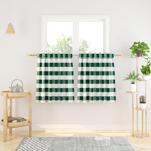 3 Pieces Tier Curtains and Valance Set Buffalo Check Kitchen Tiers Plaid Gingham Rod Pocket Classic Short Small Cafe Curtains Country Farmhouse Cafe Bathroom 54"x18"/27"x24" Dark Green & White - color: Plaids Dark Green&white, size: 27"W x 24"L (Pack of 3