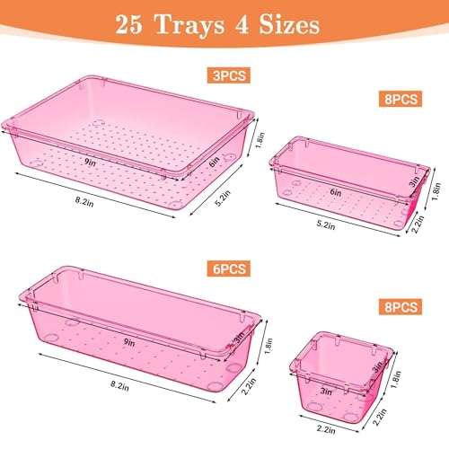 SpaceHacks 25 PCS Plastic Drawer Organizer Set, 4-Size Versatile Organizer Trays & storage Bins for Makeup, Jewelry, and Gadgets in Bathroom, Bedroom and Office, Clear Pink - color: Clear Pink
