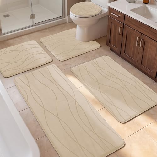 YIHOUSE Bathroom Rugs Set 5 Piece, Memory Foam Bath Mat Khaki | Ultra Soft, Absorbent, Non-Slip, Machine Washable, for Bathroom, Sink and Toilet - color: Khaki, size: 3'10" x 1'8" (Rectangular)