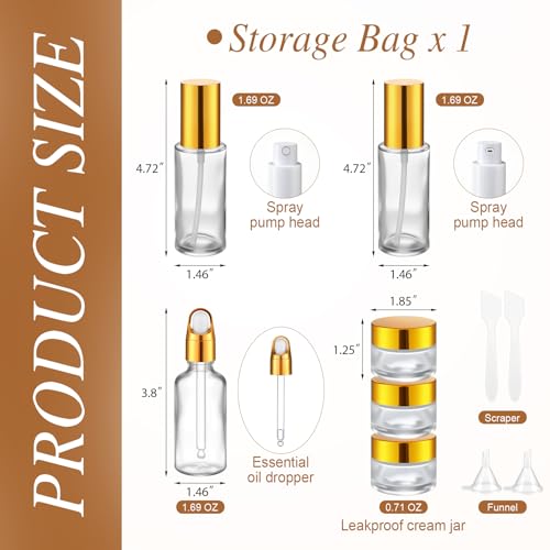 11 Pcs Glass Travel Bottles with Clear Hard Zipper Case Skin Care Containers Travel Size Mini Makeup Containers Tsa Approved with Pump Spray for Liquid Toners Serum Cream(Gold,Style 1) - color: Gold, size: Style 1