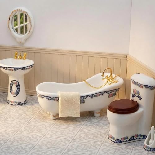 Dollhouse Bathroom Set 5PCS Miniature Porcelain Furniture 1/12 Victorian Dollhouse Furniture White Ceramic Toilet Bathtub Washbasins Decoration Accessory (Blue) - style: Blue