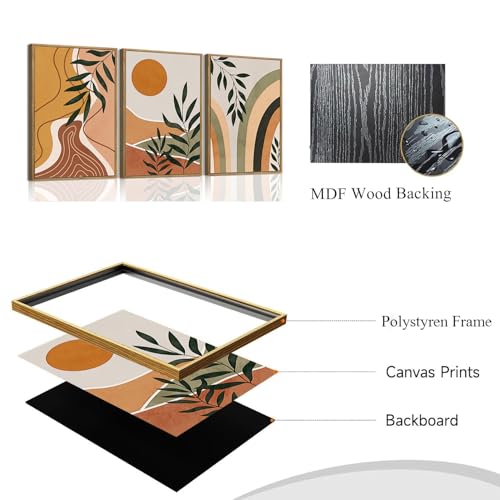 Bwodke Boho Wall Art, Framed Abstract Sun Wall Art, Botanical Canvas Wall Decor, Mid Century Line Leaf Geometric Pictures Set of 3, Minimalist Paintings, for Bedroom Living Room Bathroom 12"x16" - color: Sun Leaf, size: 12"x16"Natural