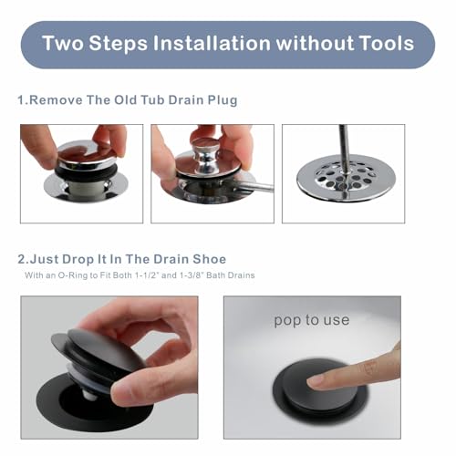 Matte Black Tub Drain Stopper, Hidrop Pop Up Universal Tub Dain Tip Toe Bathtub Drain Stopper, Fit 1.375 to 1.5 Inches, Replaces Lift and Turn, Tip-Toe and Trip Lever Drains for Tub, EZ Installation - color: Black