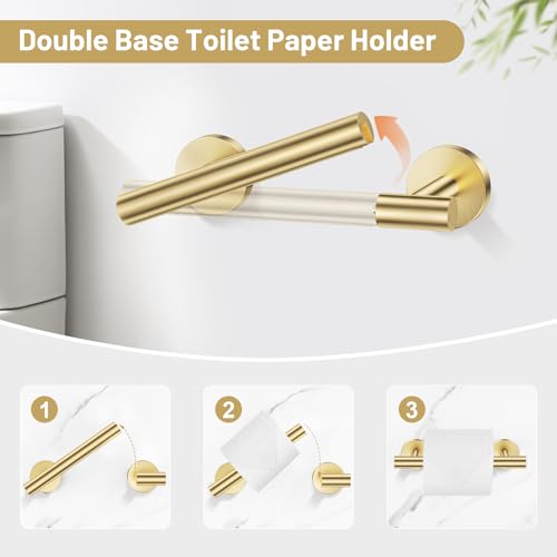 Lairuier Brushed Gold Towel Holder Set Include Double Bases Toilet Paper Holder,Towel Ring and 2 Towel Hooks Stainless Steel Wall Mounted Bathroom Hardware Accessories Set - color: Brushed Gold, size: Set B