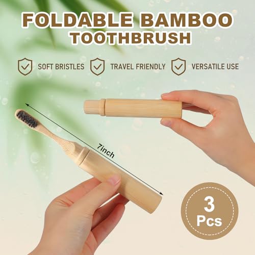 3 Pcs Foldable Horse Bristle Travel Toothbrushes Bamboo Toothbrush Case Holder Kit Soft Bristle Travel Toothbrushes with Reusable Compact Case for Traveling Camping Daily Use