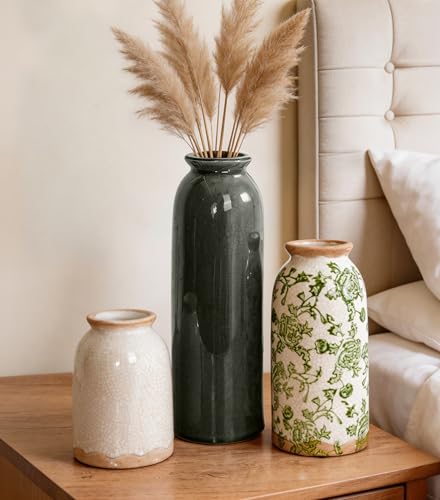 Vintage Ceramic Vase Set of 3, Flower Small Chinoiserie Vase Rustic Modern Farmhouse Centerpiece Decorative Pottery Vases for Table Mantel Entryway Bookshelf Living Room Kitchen Home Decor - color: Vintage- Green