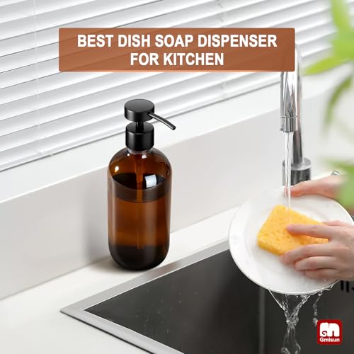 GMISUN Amber Glass Soap Dispenser, 1 Pack Dish Soap Dispensers for Kitchen with Rustproof Stainless Steel Pump, 17 Fl Oz Bathroom Hand Soap Dispenser, Brown Liquid Dishwashing Dispensers Bottle - color: Amber Bottle + Black Flat Pump, size: 1 Pack