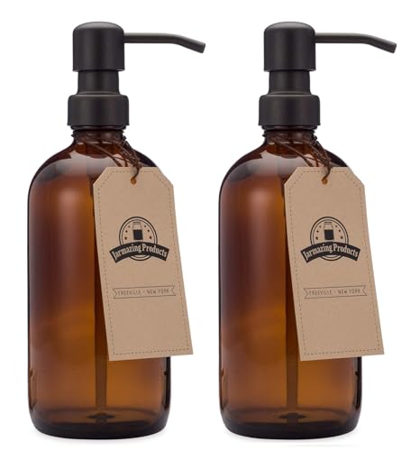 Jarmazing Products Amber Glass Jar Soap and Lotion Dispenser - 2 Pack - with Matte Black Pump - 16 oz - color: Amber/Black 16oz, size: Pack of 2